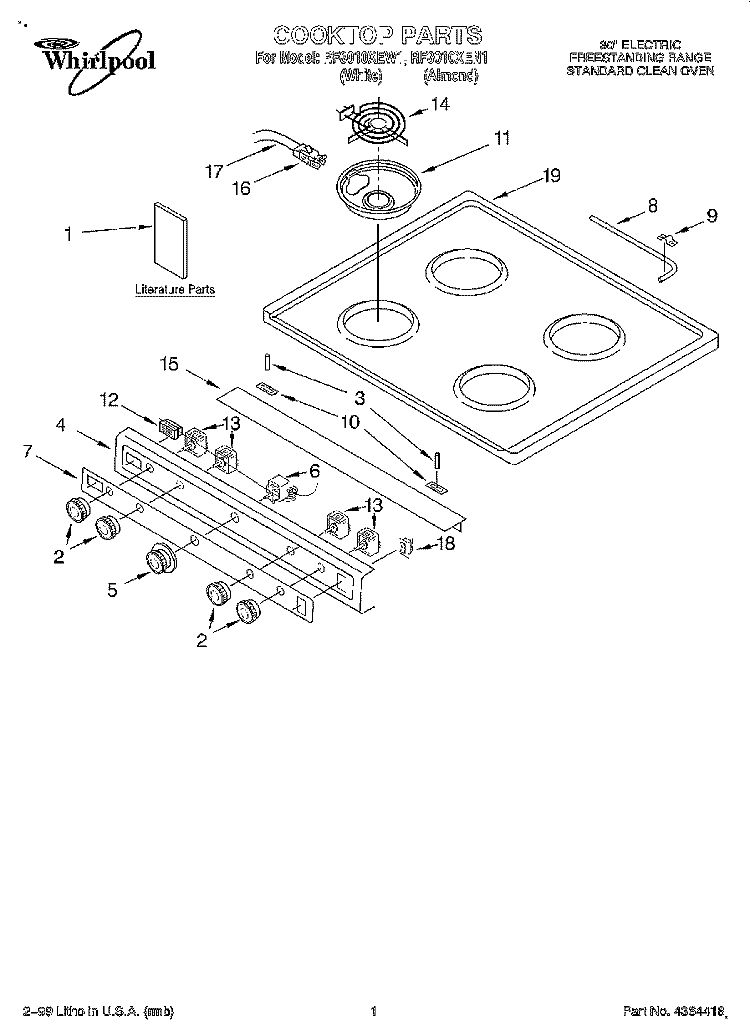 COOKTOP, LITERATURE Diagram and Parts List for RF3010XEN1  Whirlpool Range
