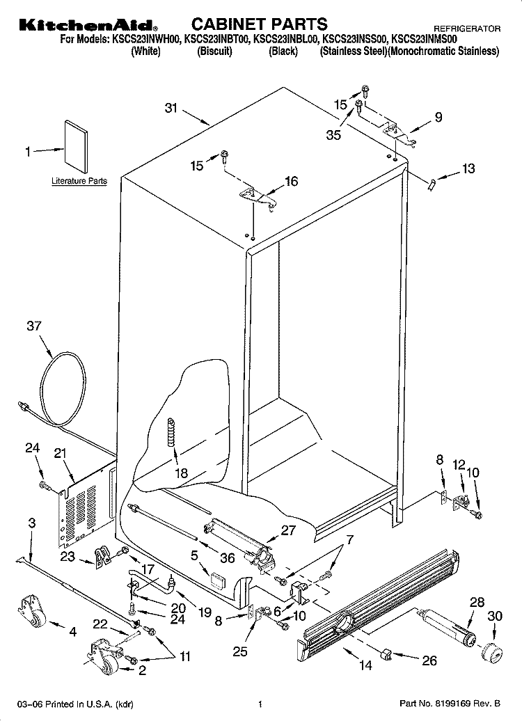 CABINET PARTS Diagram and Parts List for KSCS23INBL00  KitchenAid Refrigerator