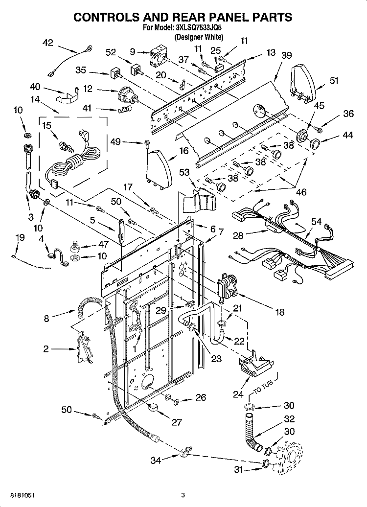 CONTROLS AND REAR PANEL PARTS Diagram and Parts List for 3XLSQ7533JQ5  Whirlpool Washer