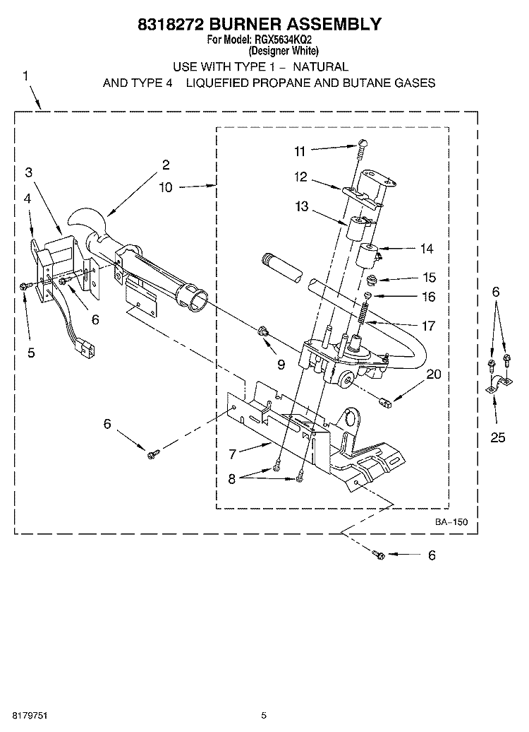 8318272 BURNER ASSEMBLY Diagram and Parts List for RGX5634KQ2  Roper Dryer