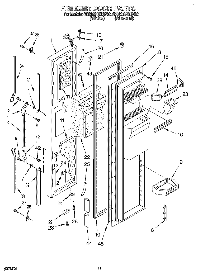 FREEZER DOOR Diagram and Parts List for 3ED22DQXBN02  Whirlpool Refrigerator