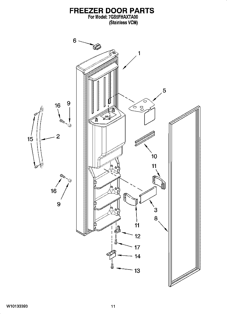 FREEZER DOOR PARTS Diagram and Parts List for 7GS5FHAXTA00  Whirlpool Refrigerator