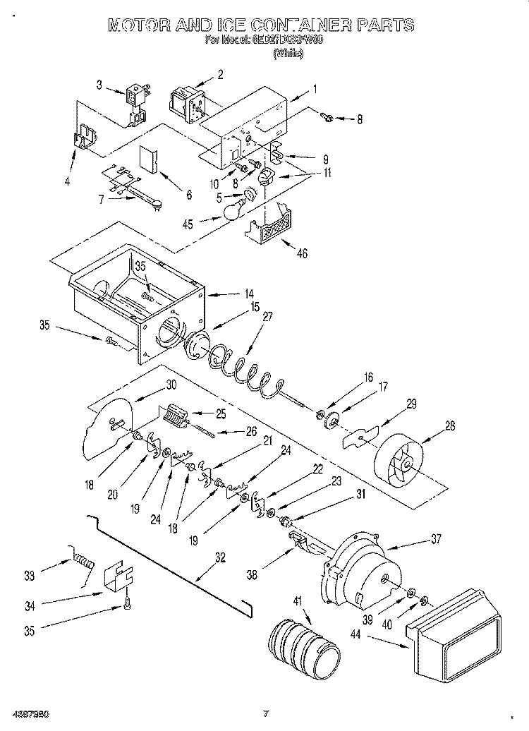 MOTOR AND ICE CONTAINER Diagram and Parts List for 6ED27DQXFW00  Whirlpool Refrigerator