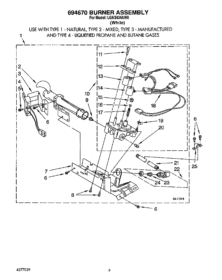 694670 BURNER Diagram and Parts List for LGN3434AW0  Whirlpool Dryer