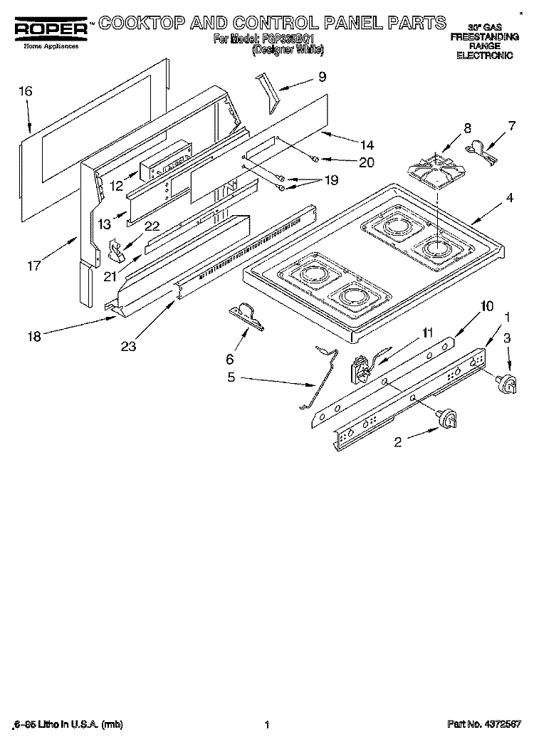 COOKTOP AND CONTROL PANEL, LITERATURE Diagram and Parts List for FGP335BQ1  Roper Range