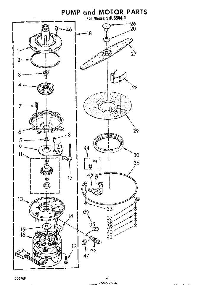 PUMP AND MOTOR Diagram and Parts List for SHU55040  Whirlpool Dishwasher