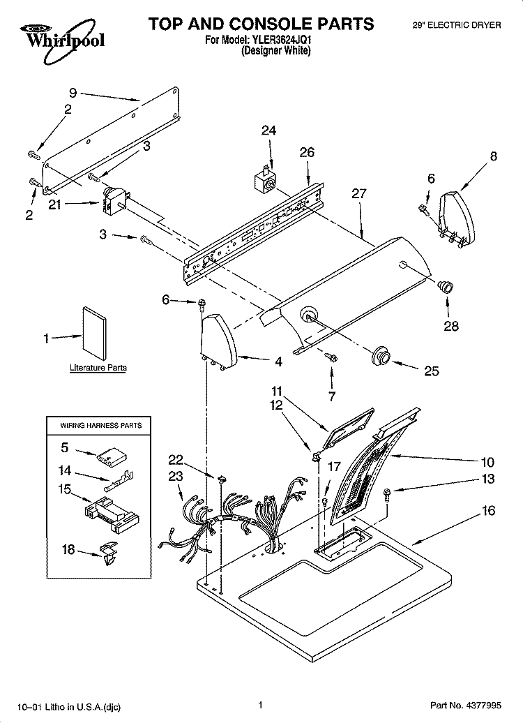 TOP AND CONSOLE PARTS Diagram and Parts List for YLER3624JQ1  Whirlpool Dryer