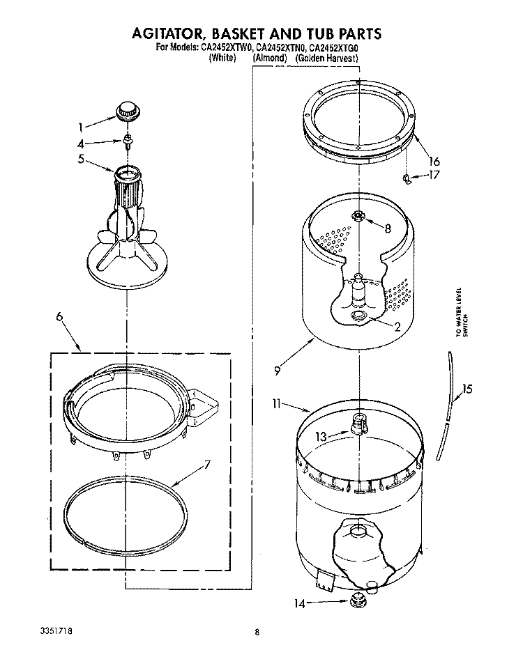 AGITATOR, BASKET AND TUB Diagram and Parts List for CA2452XTG0  Whirlpool Washer