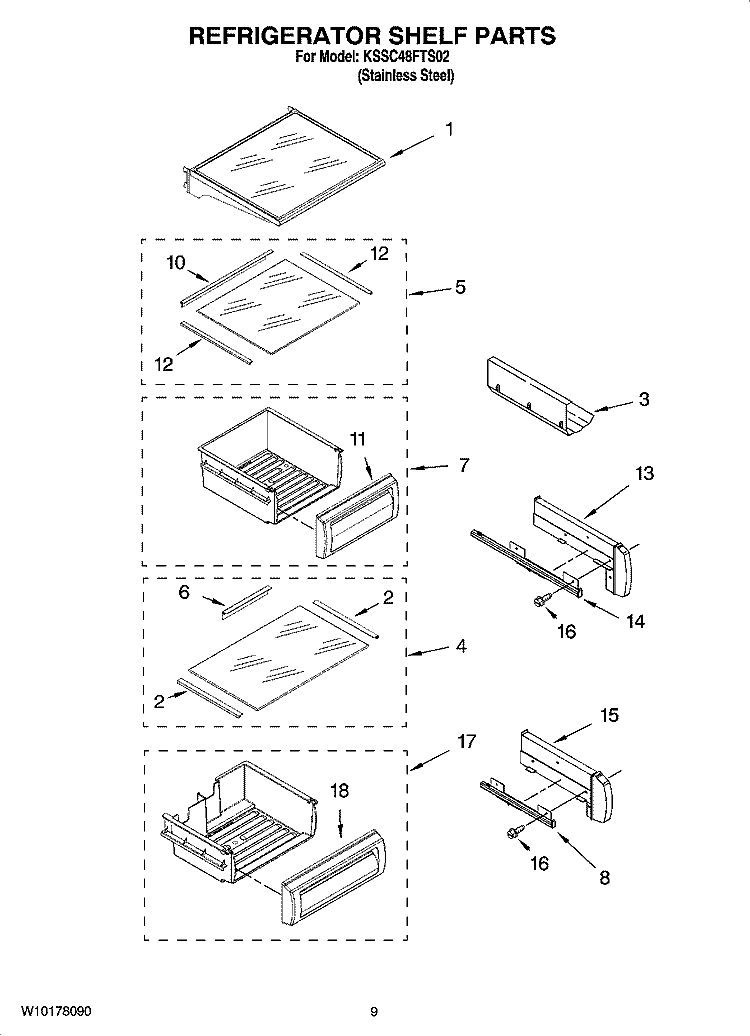 REFRIGERATOR SHELF PARTS Diagram and Parts List for KSSC48FTS02  KitchenAid Refrigerator