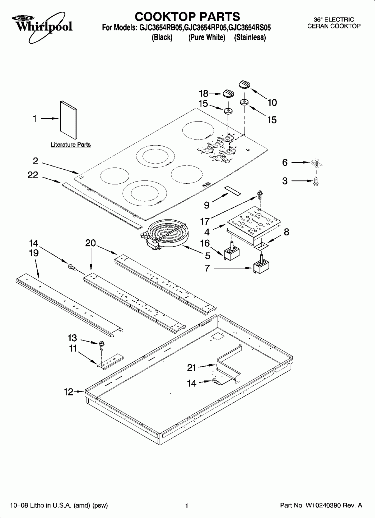 COOKTOP PARTS, OPTIONAL PARTS Diagram and Parts List for GJC3654RB05  Whirlpool Cooktop