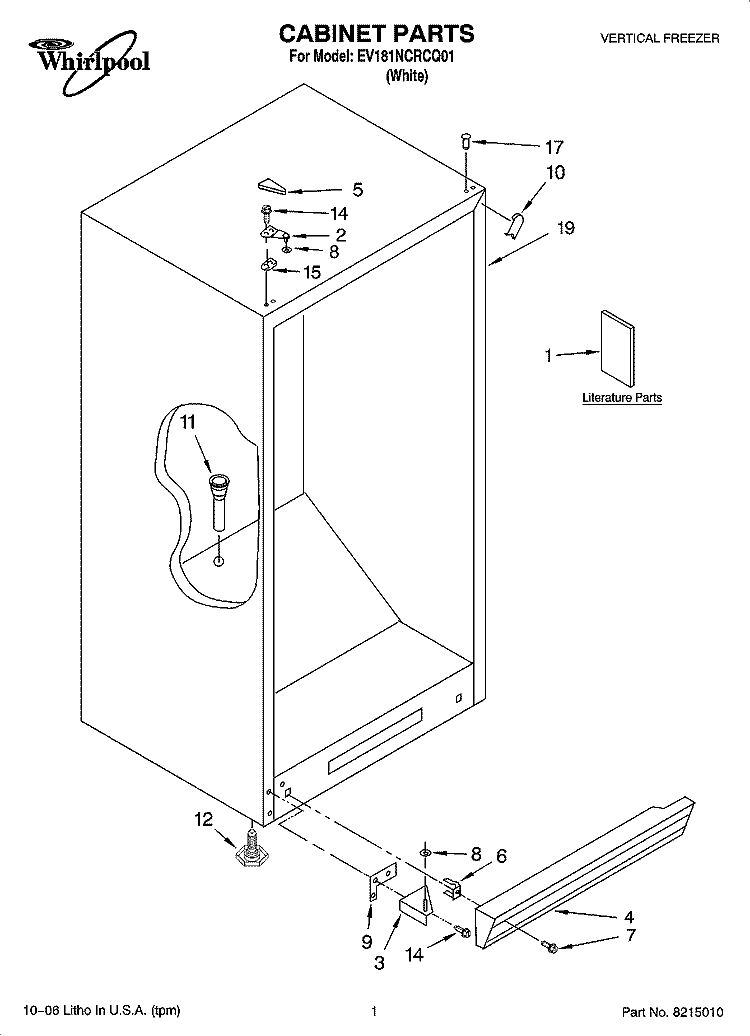 CABINET PARTS Diagram and Parts List for EV181NCRCQ01  Whirlpool Freezer