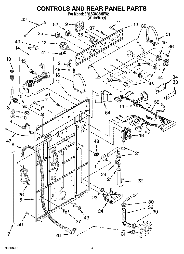 CONTROLS AND REAR PANEL PARTS Diagram and Parts List for 3RLSQ8033RW2  Whirlpool Washer
