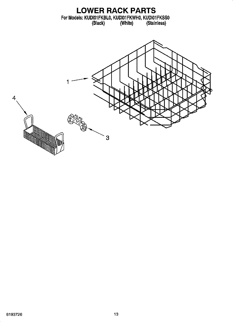 LOWER RACK PARTS Diagram and Parts List for KUDI01FKBL0  KitchenAid Dishwasher