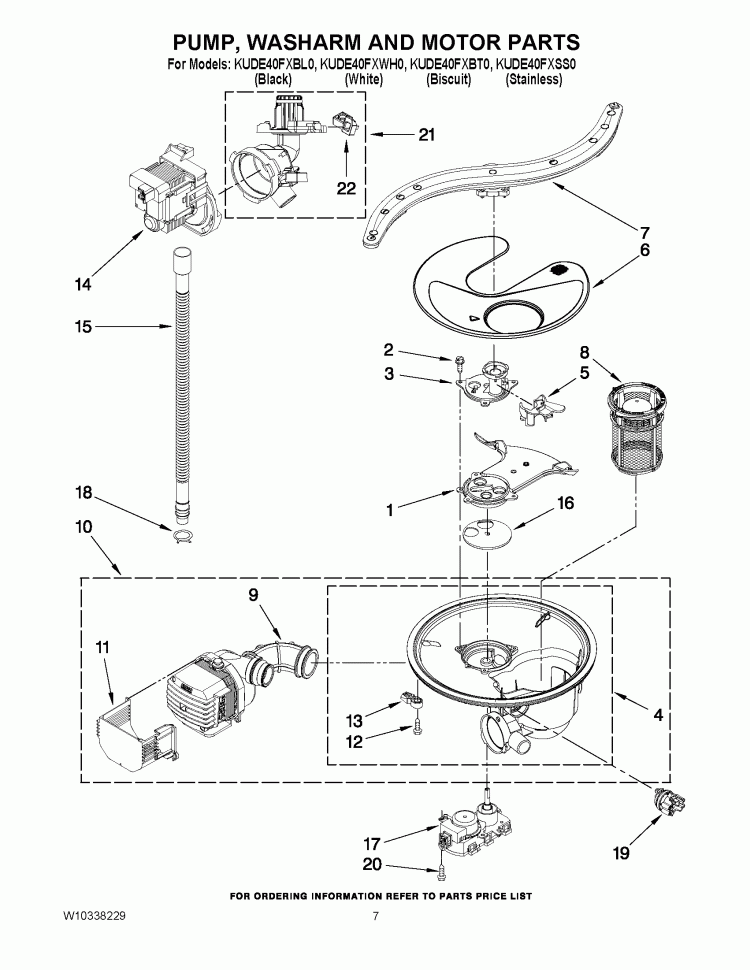 PUMP, WASHARM AND MOTOR PARTS Diagram and Parts List for KUDE40FXWH0  KitchenAid Dishwasher