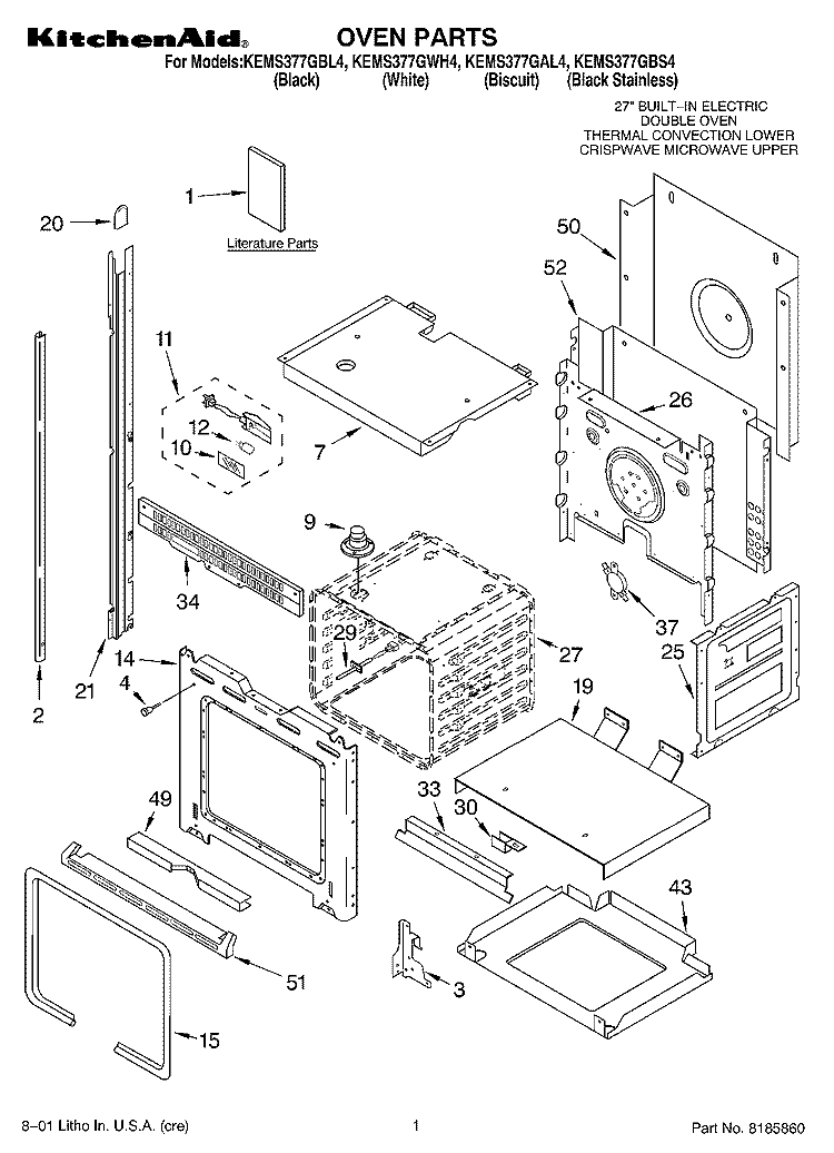 OVEN, LITERATURE Diagram and Parts List for KEMS377GBL4  KitchenAid Microwave Oven Combo