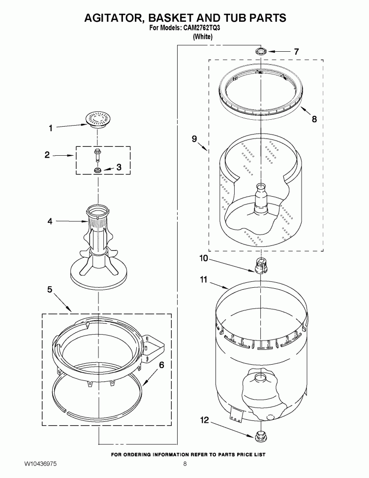 AGITATOR, BASKET AND TUB PARTS Diagram and Parts List for CAM2762TQ3  Whirlpool Washer