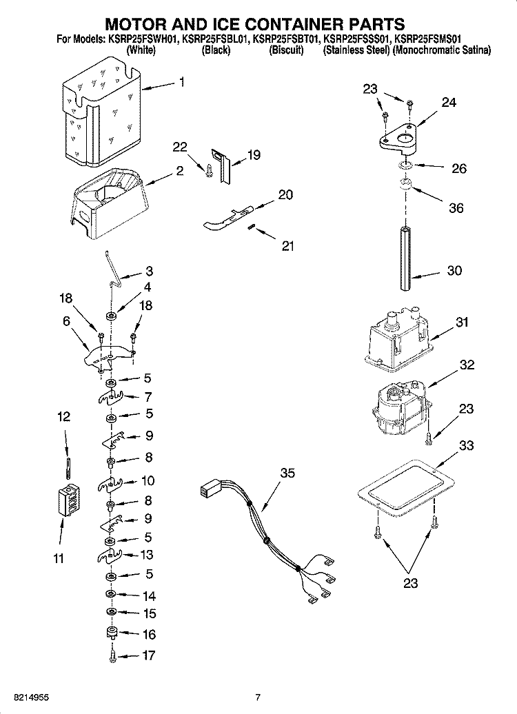 MOTOR AND ICE CONTAINER PARTS Diagram and Parts List for KSRP25FSSS01  KitchenAid Refrigerator