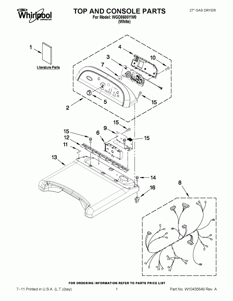 TOP AND CONSOLE PARTS Diagram and Parts List for WGD8600YW0  Whirlpool Dryer