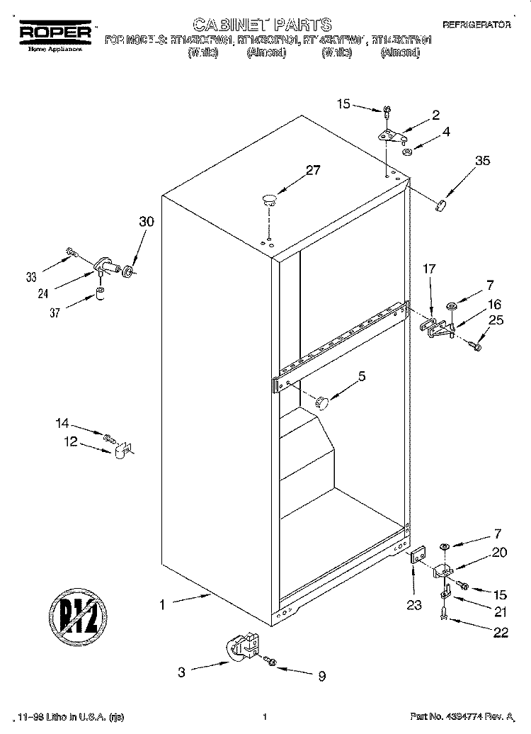 CABINET Diagram and Parts List for RT14ZKYFW01  Roper Refrigerator