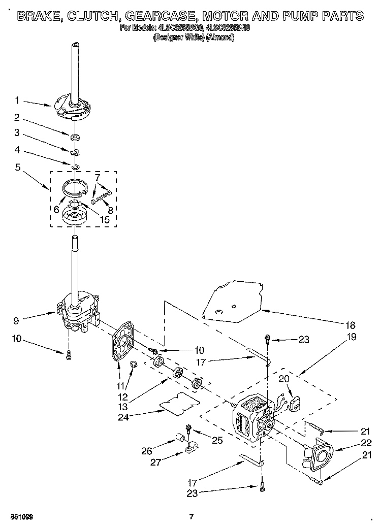 BRAKE, CLUTCH, GEARCASE, MOTOR & PUMP Diagram and Parts List for 4LSC8255BQ0  Whirlpool Washer