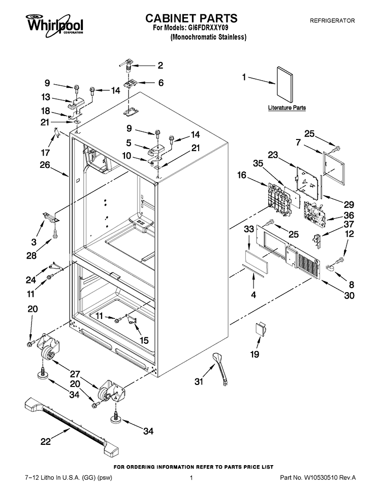 CABINET PARTS Diagram and Parts List for GI6FDRXXY09  Whirlpool Refrigerator