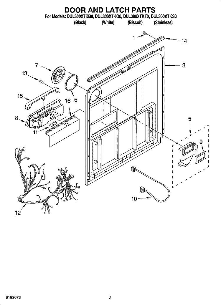DOOR AND LATCH PARTS Diagram and Parts List for DUL300XTKQ0  Whirlpool Dishwasher