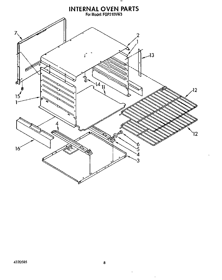 INTERNAL OVEN Diagram and Parts List for FGP210VW3  Roper Range