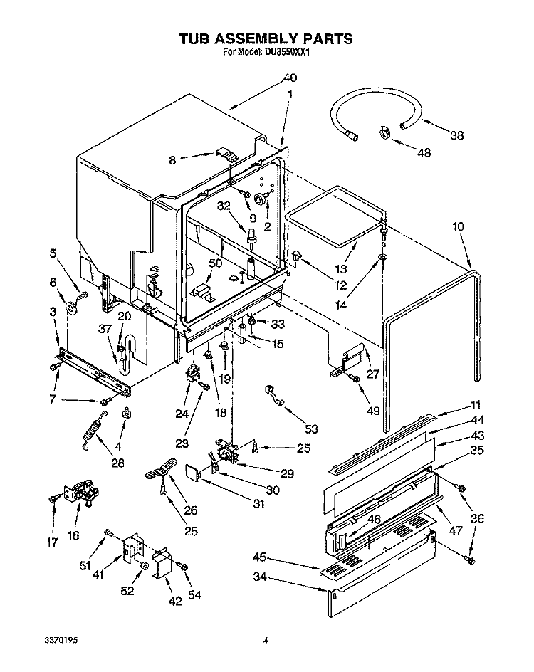 TUB Diagram and Parts List for DU8550XX1  Whirlpool Dishwasher