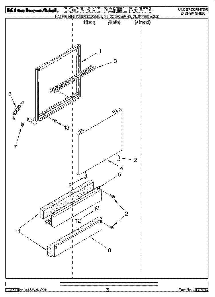 DOOR AND PANEL Diagram and Parts List for KUDV24SEBL2  KitchenAid Dishwasher