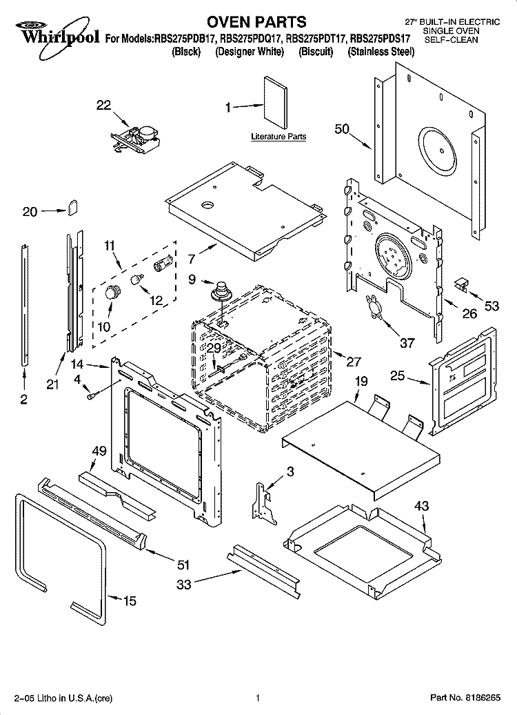 OVEN PARTS Diagram and Parts List for RBS275PDQ17  Whirlpool Wall Oven