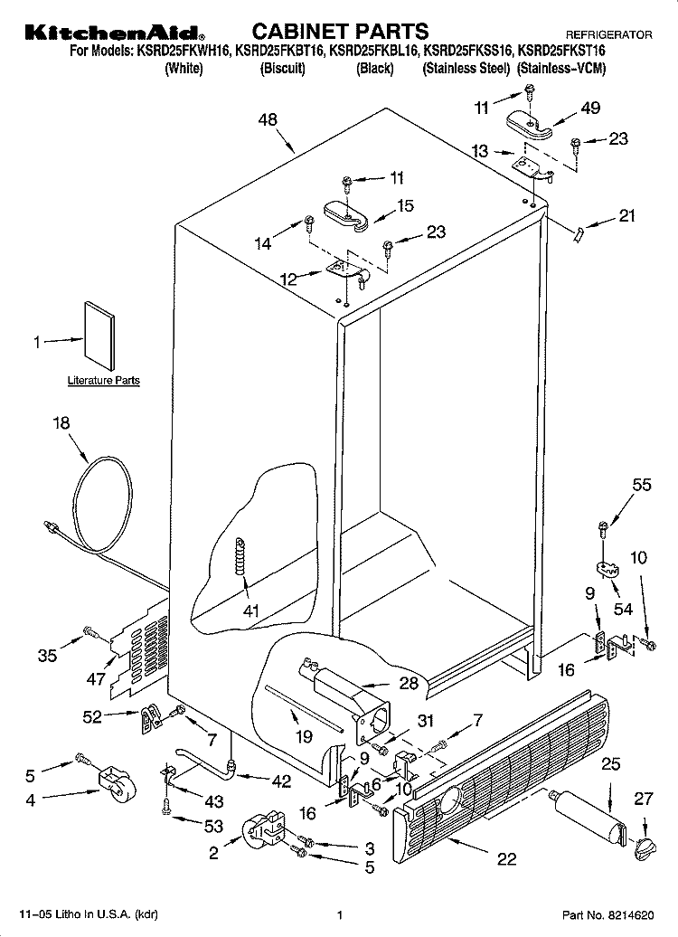 CABINET PARTS Diagram and Parts List for KSRD25FKBT16  KitchenAid Refrigerator