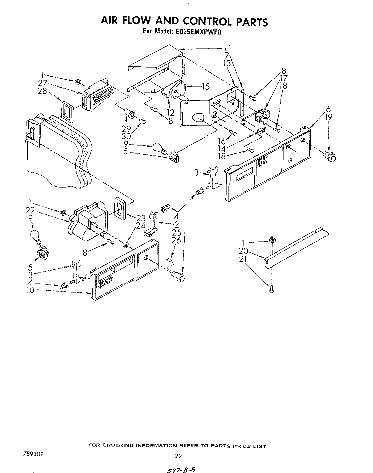 AIRFLOW AND CONTROL Diagram and Parts List for ED25EMXPWR0  Whirlpool Refrigerator