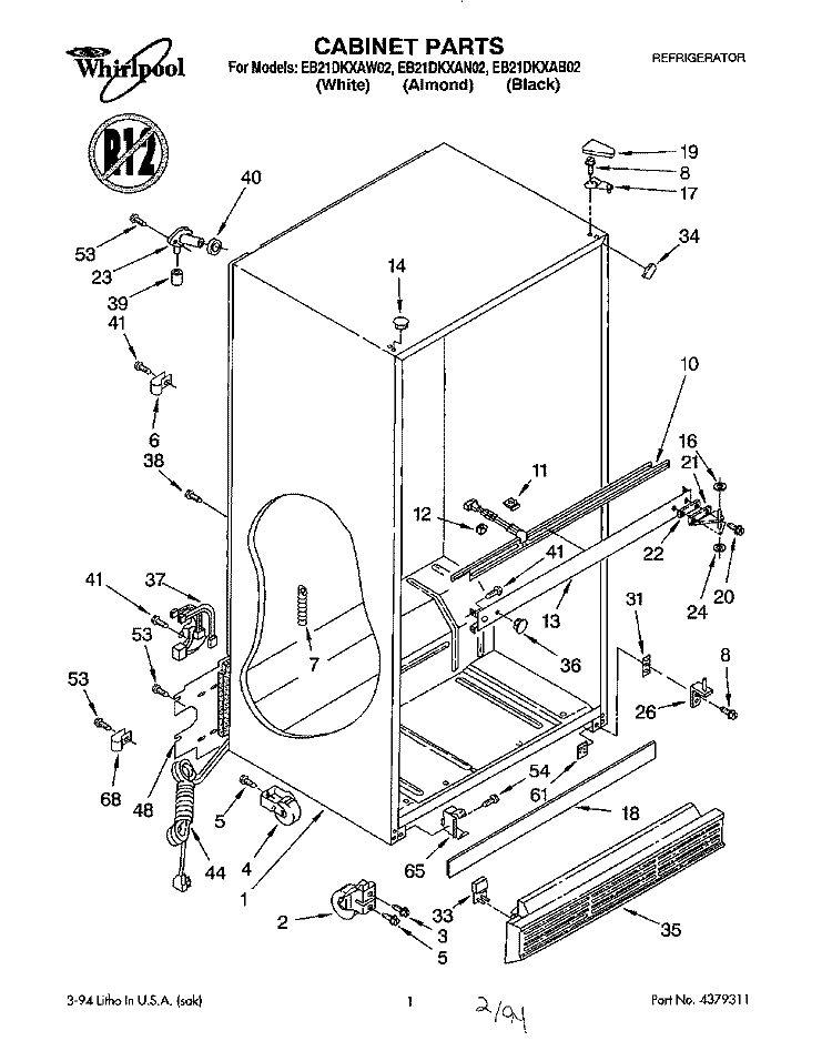 CABINET Diagram and Parts List for EB21DKXAW02  Whirlpool Refrigerator