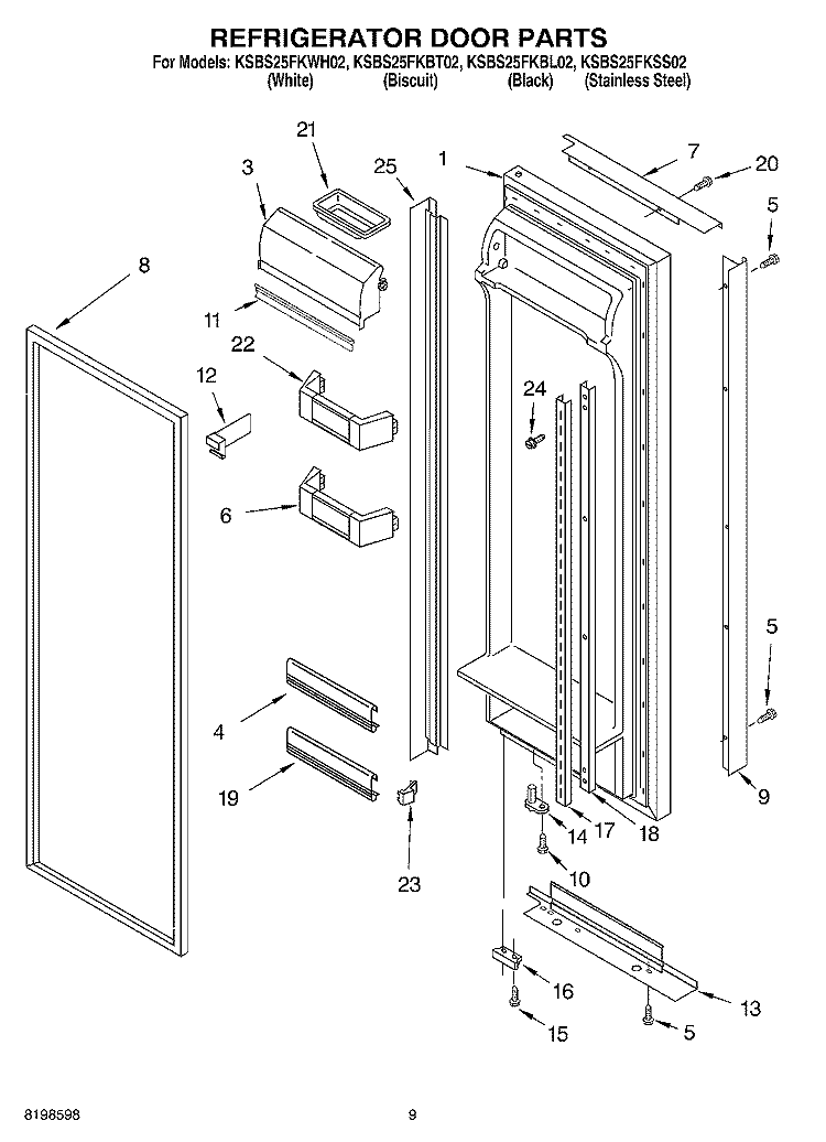 REFRIGERATOR DOOR PARTS Diagram and Parts List for KSBS25FKBL02  KitchenAid Refrigerator