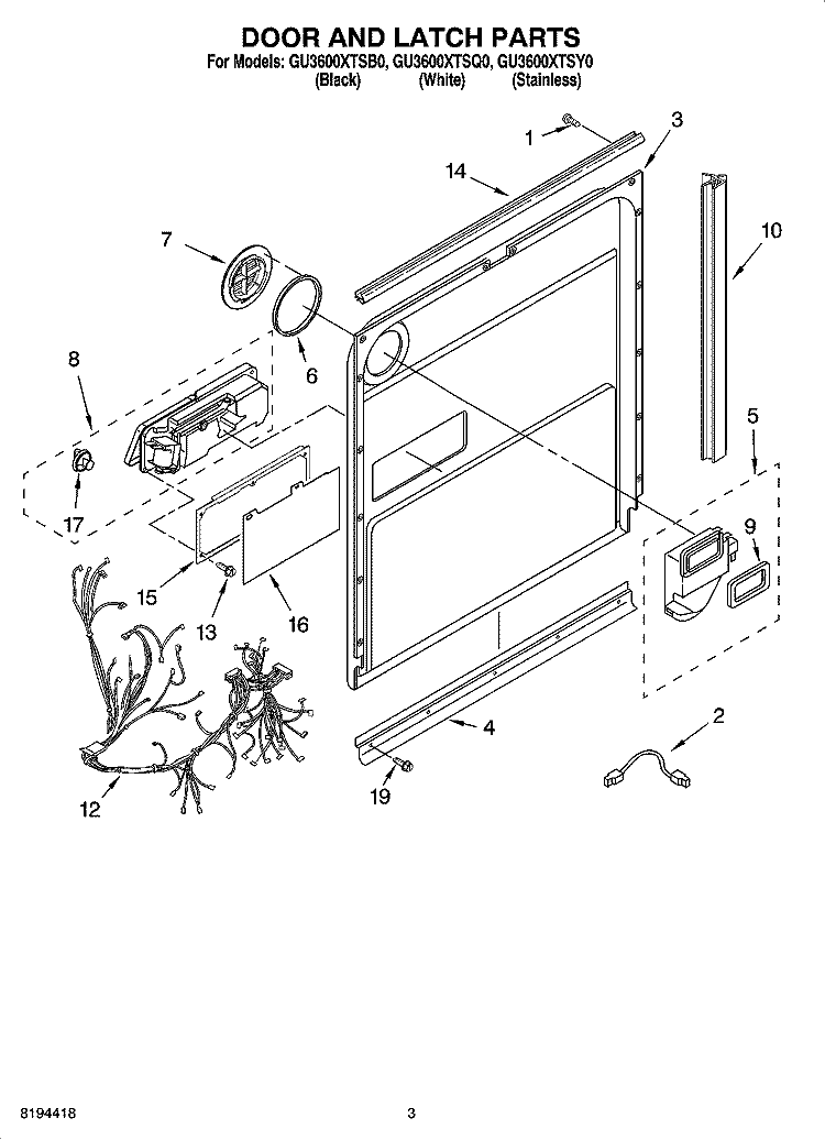 DOOR AND LATCH PARTS Diagram and Parts List for GU3600XTSB0  Whirlpool Dishwasher