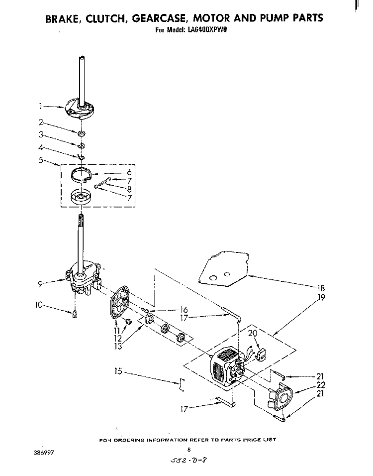 BRAKE, CLUTCH, GEARCASE, MOTOR AND PUMP Diagram and Parts List for LA6400XPW0  Whirlpool Washer