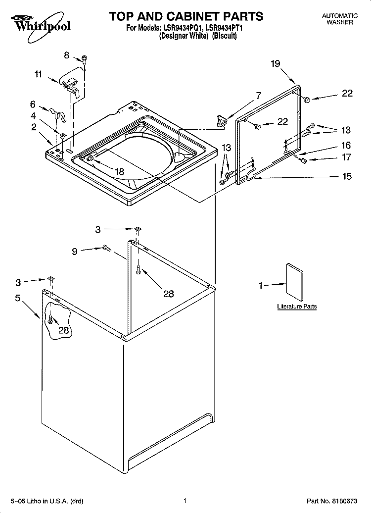 TOP AND CABINET PARTS Diagram and Parts List for LSR9434PT1  Whirlpool Washer