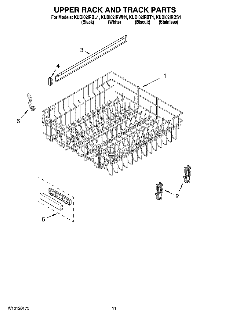 UPPER RACK AND TRACK PARTS Diagram and Parts List for KUDI02IRWH4  KitchenAid Dishwasher