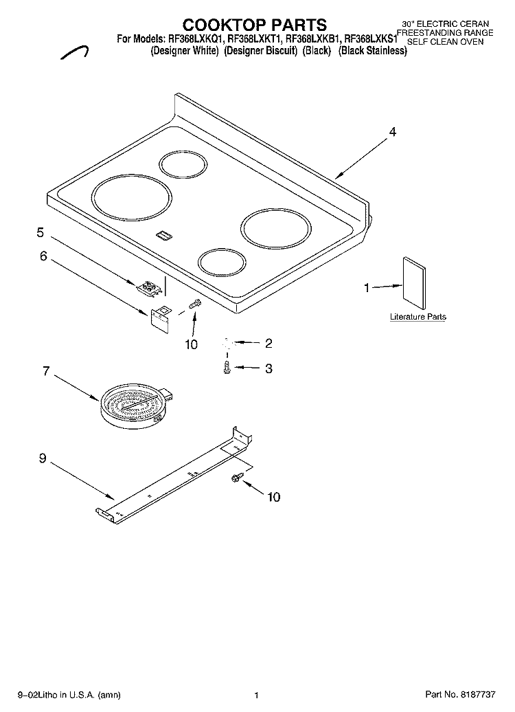 COOKTOP, LITERATURE Diagram and Parts List for RF368LXKT1  Whirlpool Range