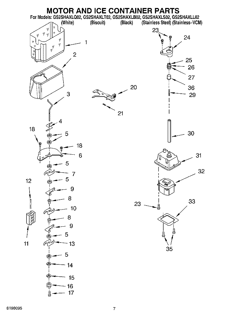 MOTOR AND ICE CONTAINER Diagram and Parts List for GS2SHAXLS02  Whirlpool Refrigerator