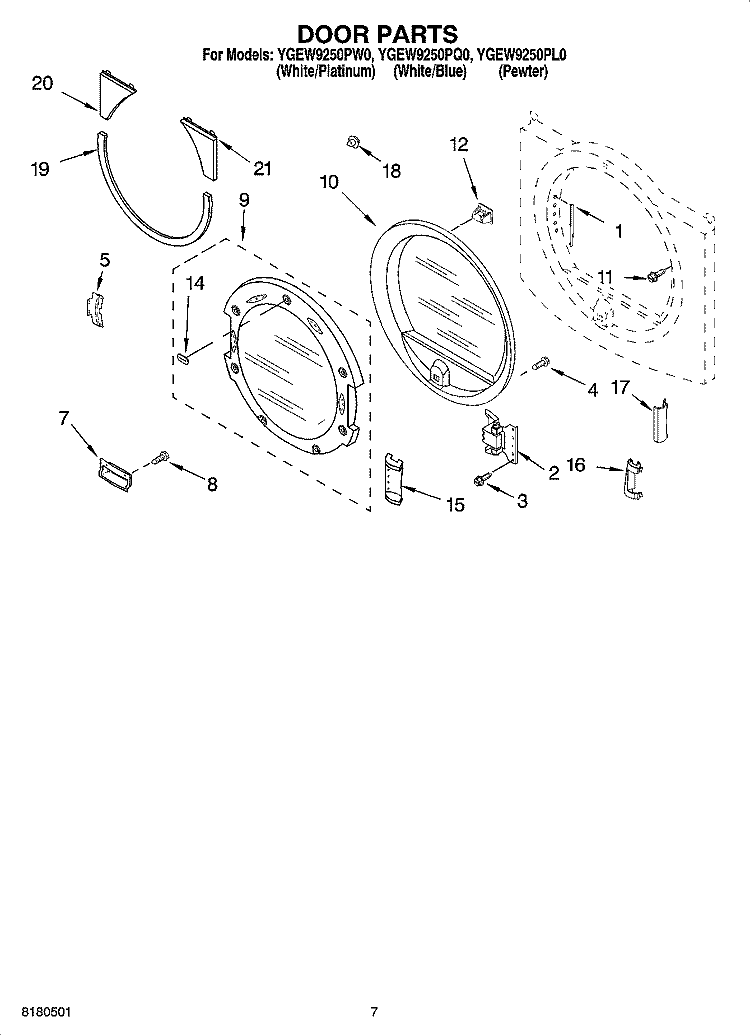 DOOR PARTS Diagram and Parts List for YGEW9250PL0  Whirlpool Dryer