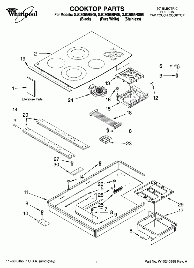 COOKTOP PARTS, OPTIONAL PARTS (NOT INCLUDED) Diagram and Parts List for GJC3055RB05  Whirlpool Cooktop