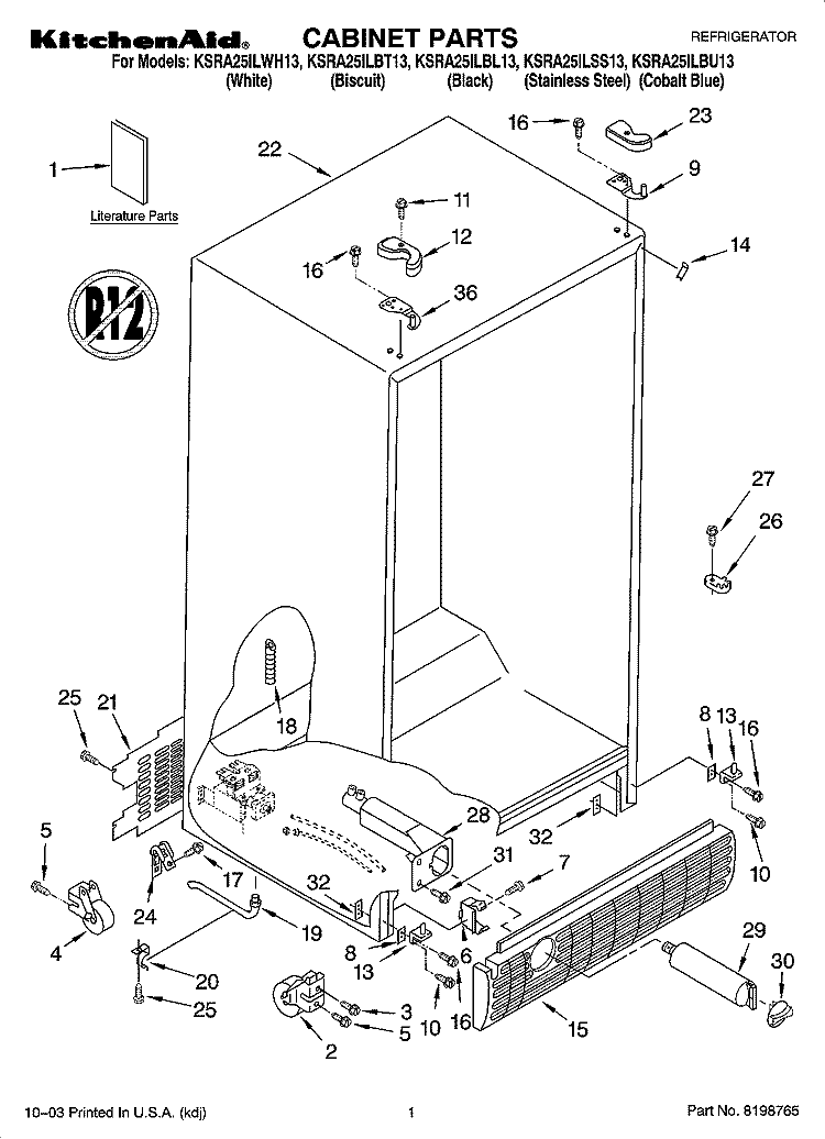 CABINET PARTS Diagram and Parts List for KSRA25ILBU13  KitchenAid Refrigerator
