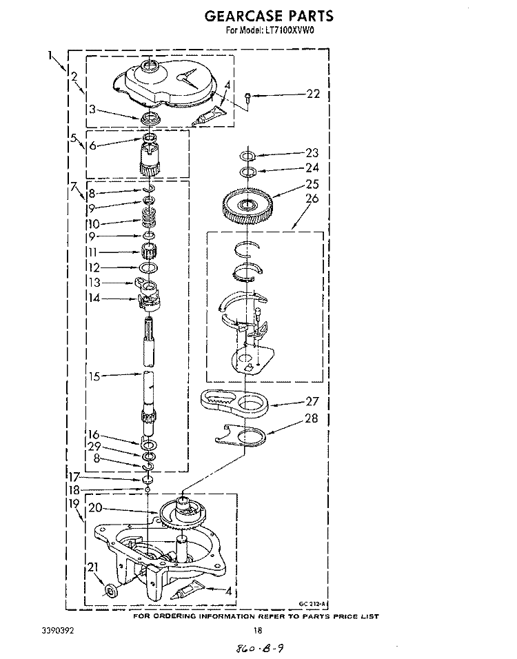 GEARCASE Diagram and Parts List for LT7100XVN0  Whirlpool Washer Dryer Combo