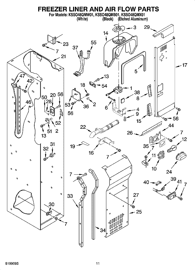 FREEZER LINER AND AIR FLOW PARTS Diagram and Parts List for KSSO48QMX01  KitchenAid Refrigerator