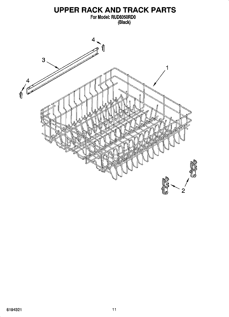 UPPER RACK AND TRACK PARTS Diagram and Parts List for RUD8050RD0  Roper Dishwasher