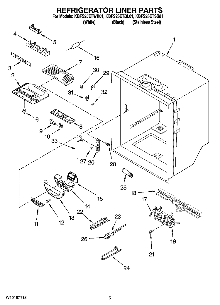 REFRIGERATOR LINER PARTS Diagram and Parts List for KBFS25ETSS01  KitchenAid Refrigerator