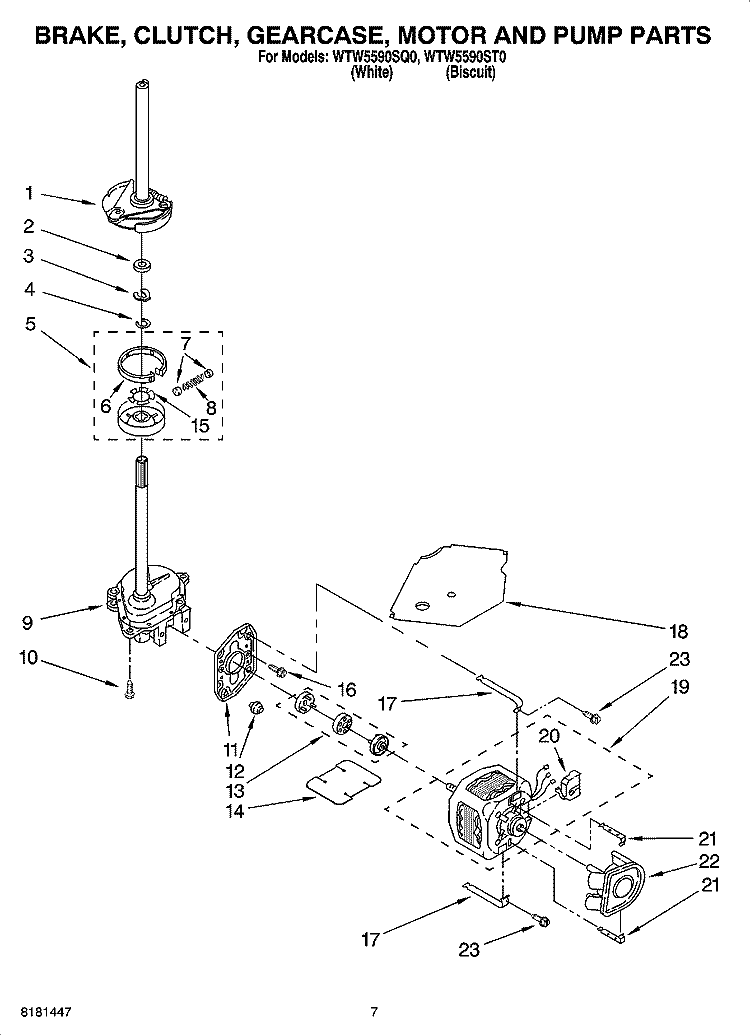 BRAKE, CLUTCH, GEARCASE, MOTOR AND PUMP PARTS Diagram and Parts List for WTW5590SQ0  Whirlpool Washer