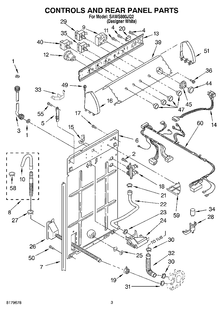 CONTROLS AND REAR PANEL Diagram and Parts List for SAWS800JQ2  Whirlpool Washer