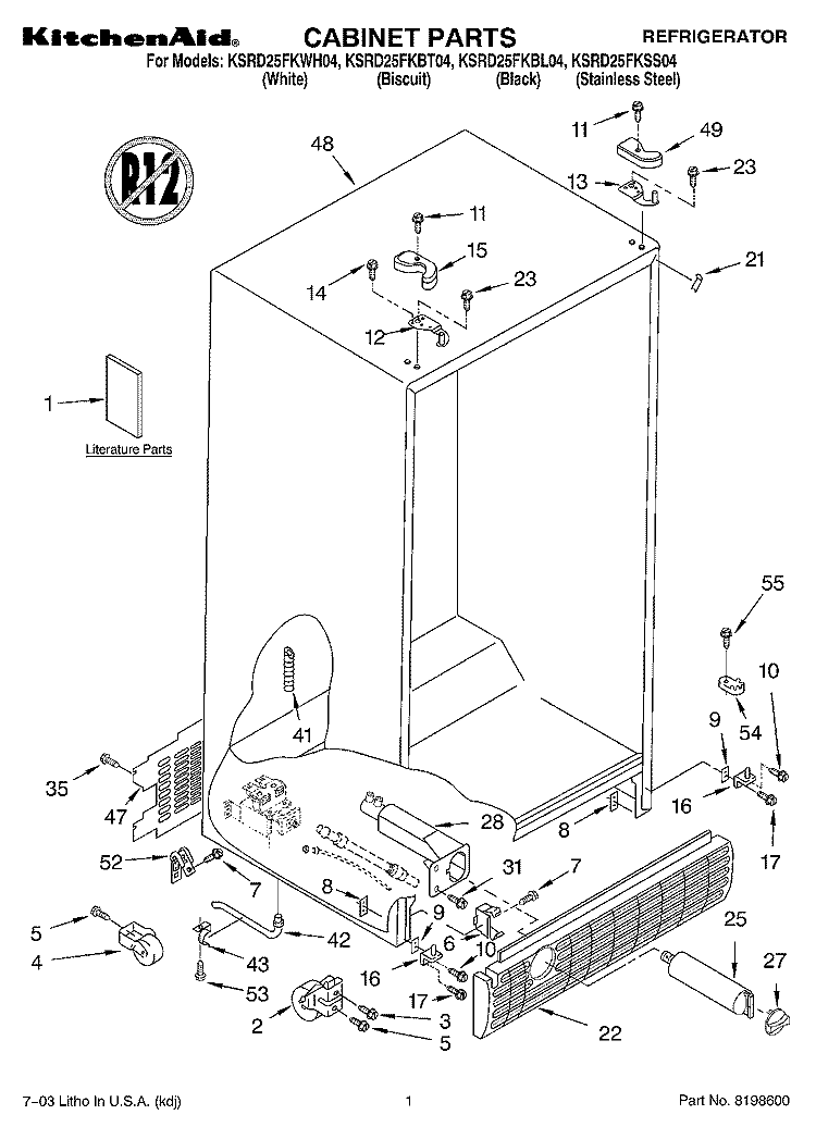 CABINET PARTS Diagram and Parts List for KSRD25FKWH04  KitchenAid Refrigerator